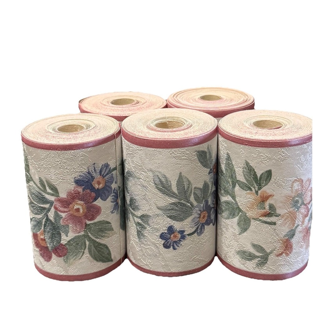 Vintage Floral Wallpaper Border Lot‎ 5 Rolls Cottage Pink Blue Flowers Textured
